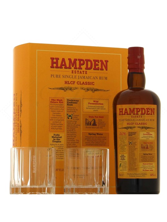 HAMPDEN ESTATE PURE SINGLE JAMAICAN RUM HLCF CLASSIC OVERPROOF  RHUM DELLA GIAMAICA CONFEZIONE CON 2 BICCHIERI , HAMPDEN DISTIL