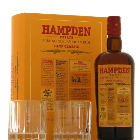 HAMPDEN ESTATE PURE SINGLE JAMAICAN RUM HLCF CLASSIC OVERPROOF  RHUM DELLA GIAMAICA CONFEZIONE CON 2 BICCHIERI , HAMPDEN DISTIL