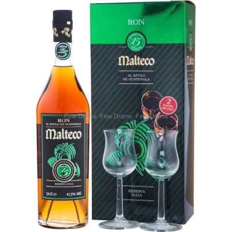 RON MALTECO 15 Y.O. RESERVA MAJA CONFEZIONE REGALO CON DUE BICCHIERI  RUM DEL GUATEMALA