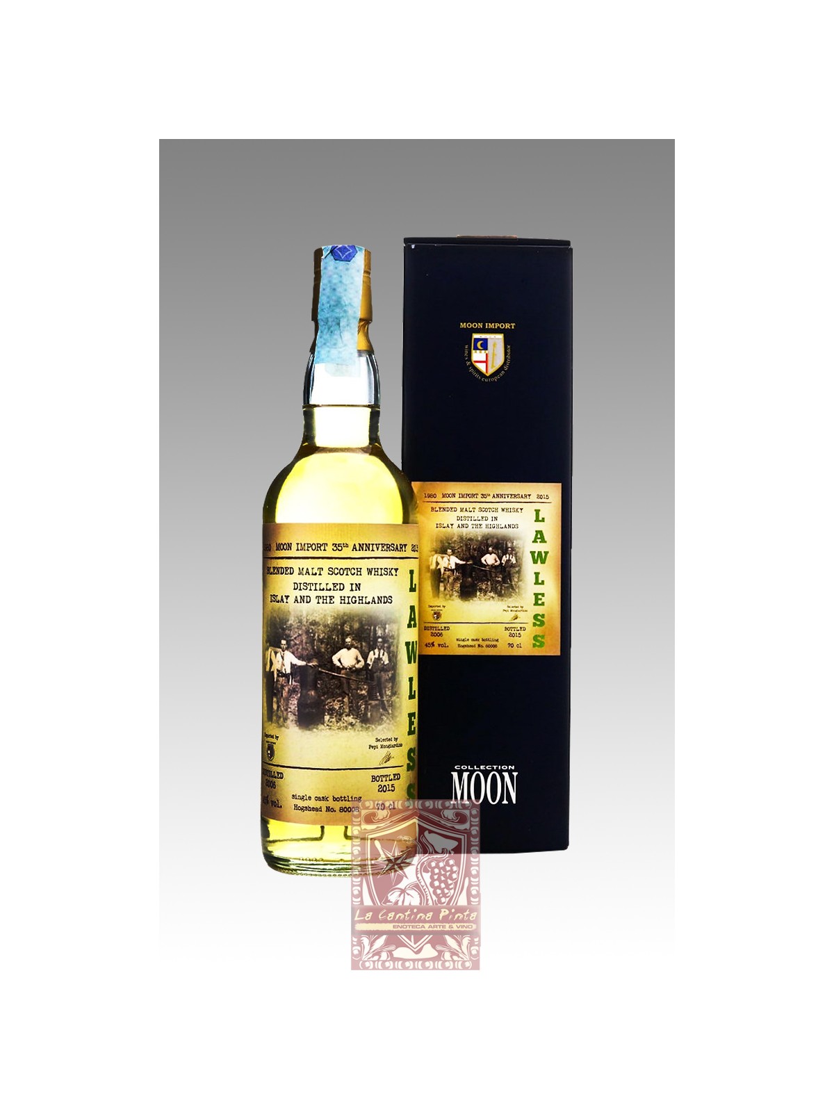 LAWLESS BLENDED MALT SCOTCH WHISKY 2006 DISTILLED IN ISLAY AND THE HIGHLANDS 35TH ANNIVERSARY MOON IMPORT