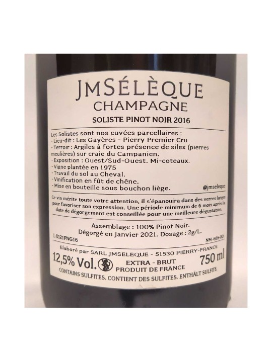 CHAMPAGNE EXTRA BRUT SOLISTE PINOT NOIR 2018  PIERRY PREMIER CRU - LES GAYERES - JM SELEQUE