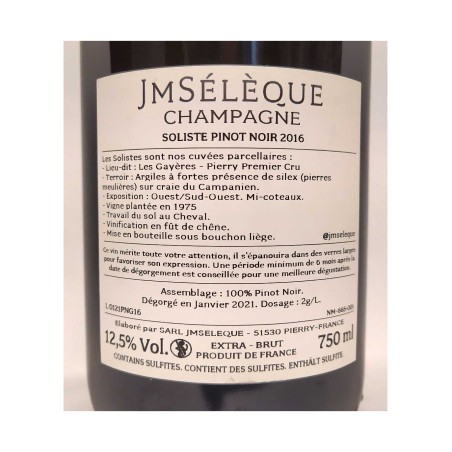 CHAMPAGNE EXTRA BRUT SOLISTE PINOT NOIR 2018  PIERRY PREMIER CRU - LES GAYERES - JM SELEQUE