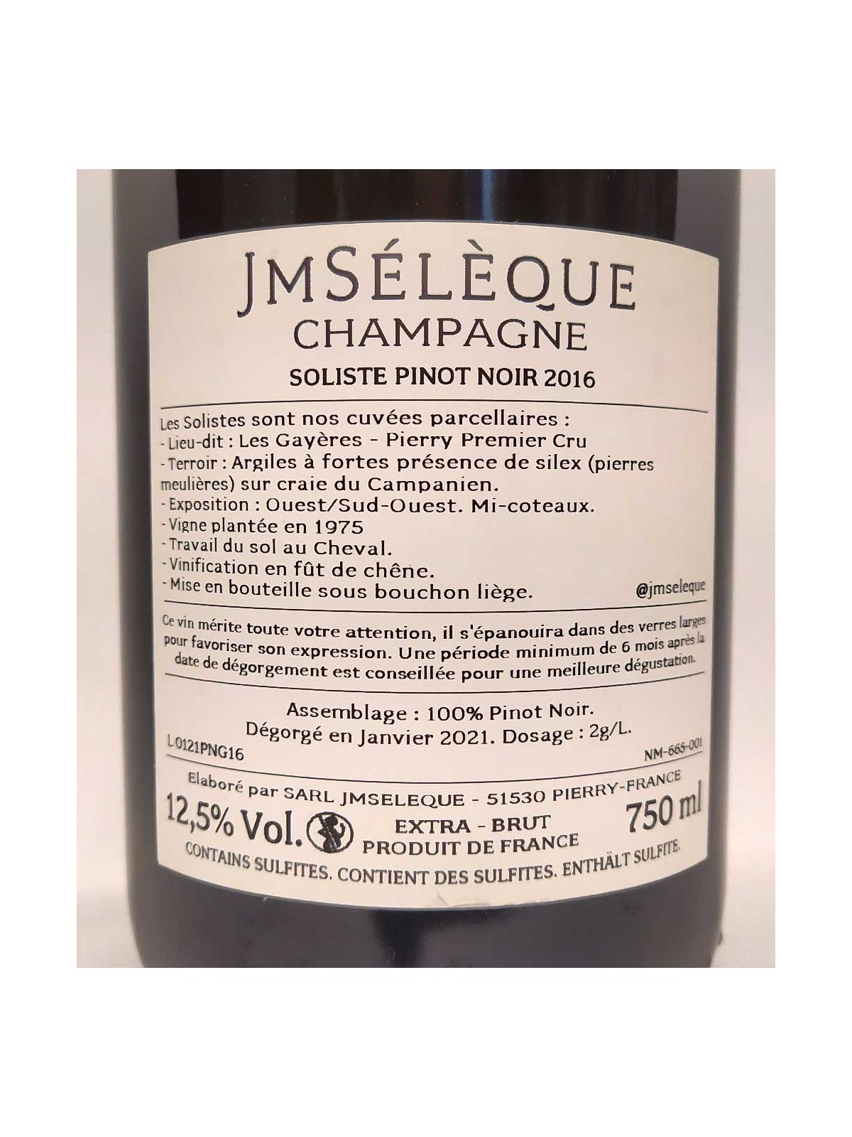CHAMPAGNE EXTRA BRUT SOLISTE PINOT NOIR 2018  PIERRY PREMIER CRU - LES GAYERES - JM SELEQUE