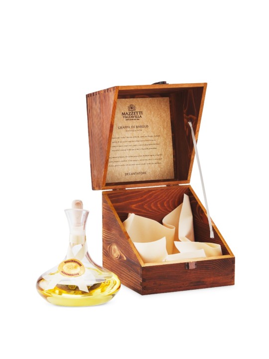 DECANTER CON  GRAPPA DI BAROLO INVECCHIATA IN CASSETTA DI LEGNO  - MAZZETTI D'ALTAVILLA