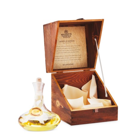 DECANTER CON  GRAPPA DI BAROLO INVECCHIATA IN CASSETTA DI LEGNO  - MAZZETTI D'ALTAVILLA