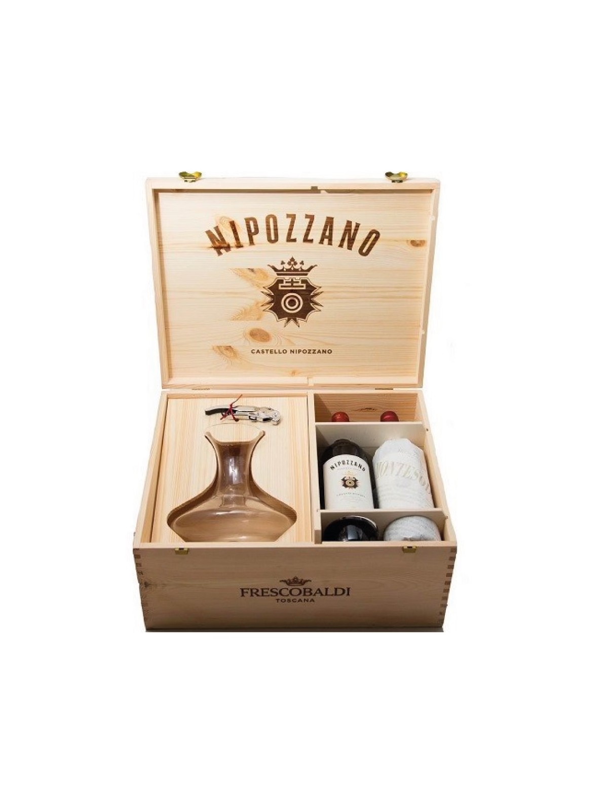 CASTELLO DI NIPOZZANO LUX2 MONTESODI 2013, 2 NIPOZZANO RISERVA 2013,1 DECANTER CANTINA ARREDO, 1 CAVATAPPI PULL TAP