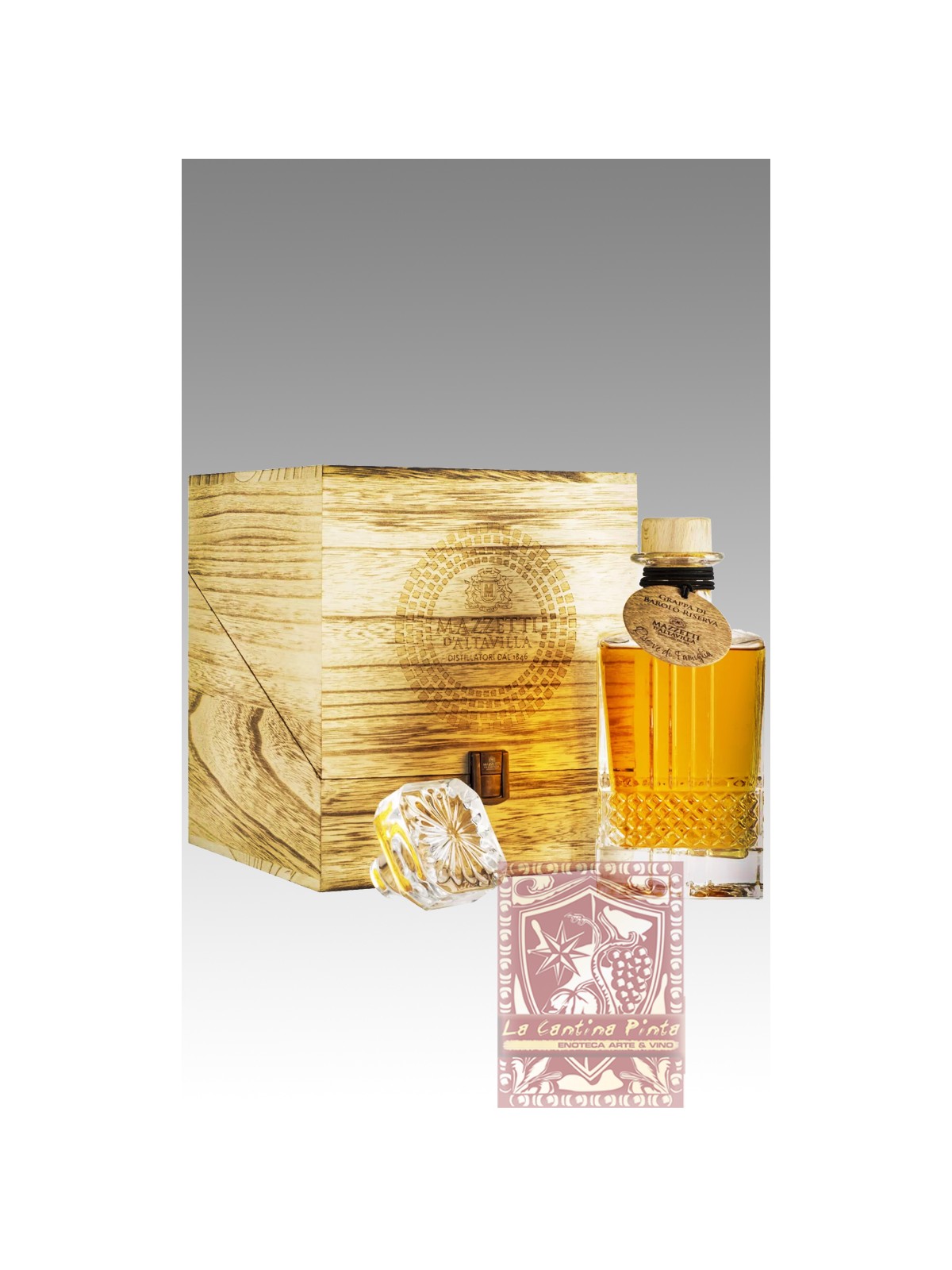 CONFEZIONE CRISTALLO IN CASSETTA DI LEGNO GRAPPA DI BAROLO RISERVA  - MAZZETTI D'ALTAVILLA