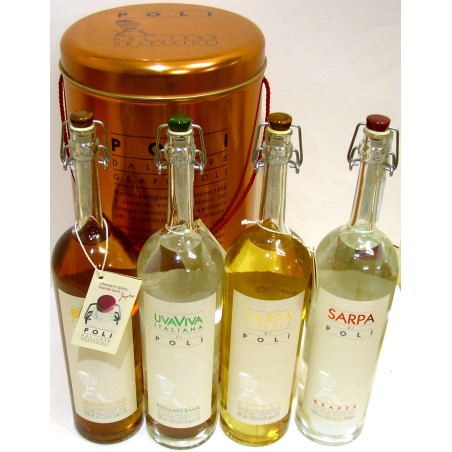 CONFEZIONE MAXI TUBO RAME DI POLI CON N.4 BOTTIGLIE DI GRAPPA POLI
