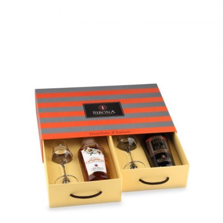 CONFEZIONE REGALO "CASSETTO" CON 1 LIQUORE CAMOMILLA E 1 CAFFE' E CACAO + 2 BICCHIERI - DISTILLERIA SIBONA