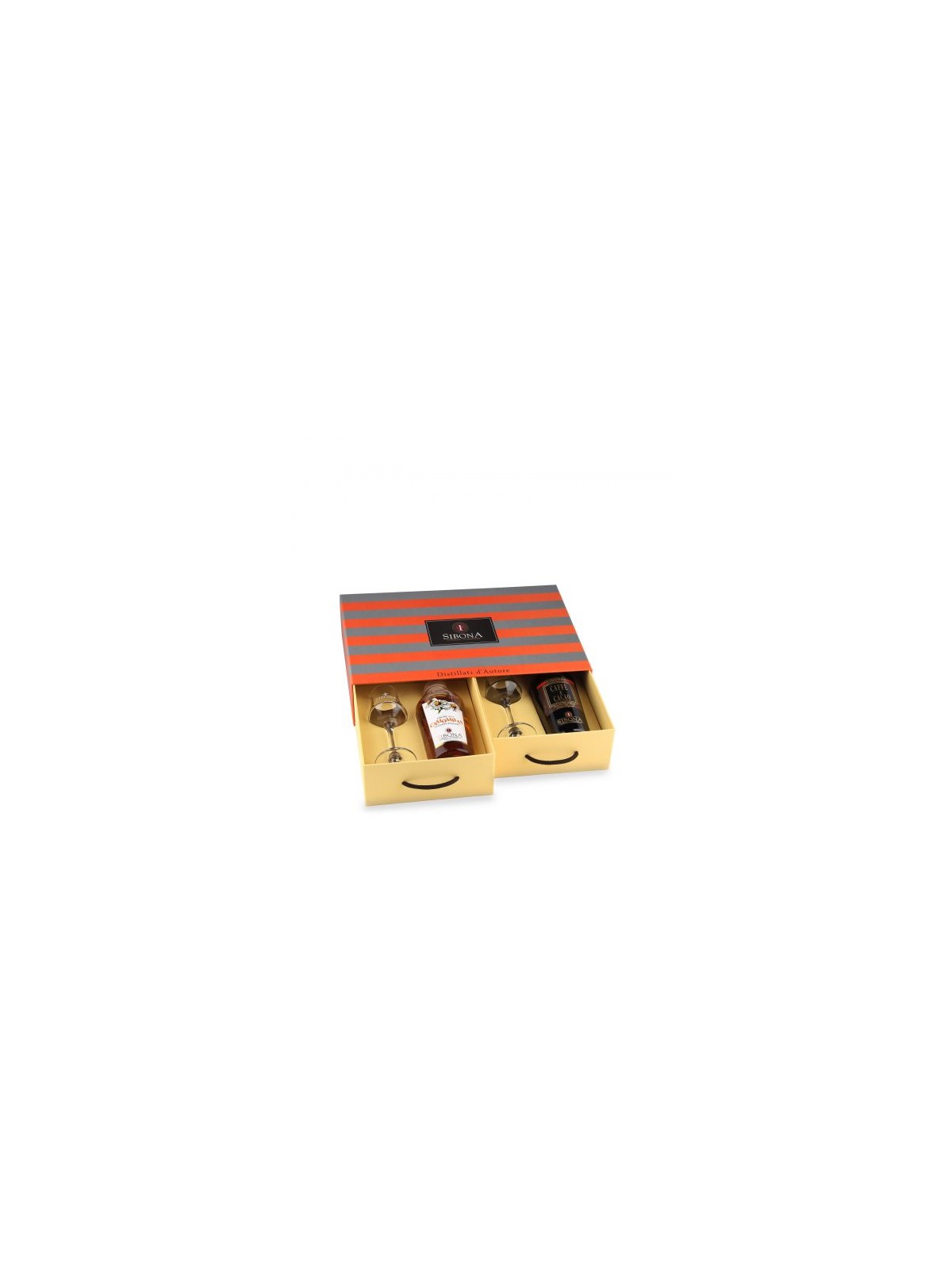 CONFEZIONE REGALO "CASSETTO" CON 1 LIQUORE CAMOMILLA E 1 CAFFE' E CACAO + 2 BICCHIERI - DISTILLERIA SIBONA