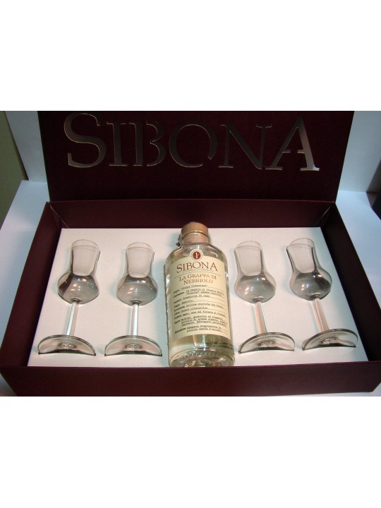 CONFEZIONE REGALO "DEGUSTAZIONE POKER SIBONA" CON GRAPPA DI  NEBBIOLO GRADUATA + 4 BICCHIERI RASTAL - DISTILLERIA SIBONA