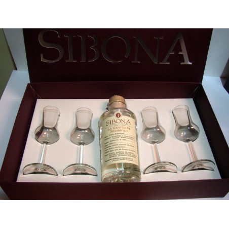 CONFEZIONE REGALO "DEGUSTAZIONE POKER SIBONA" CON GRAPPA DI  NEBBIOLO GRADUATA + 4 BICCHIERI RASTAL - DISTILLERIA SIBONA