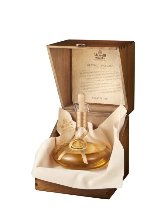 DECANTER CON  GRAPPA DI MOSCATO INVECCHIATA IN CASSETTA DI LEGNO  - MAZZETTI D'ALTAVILLA