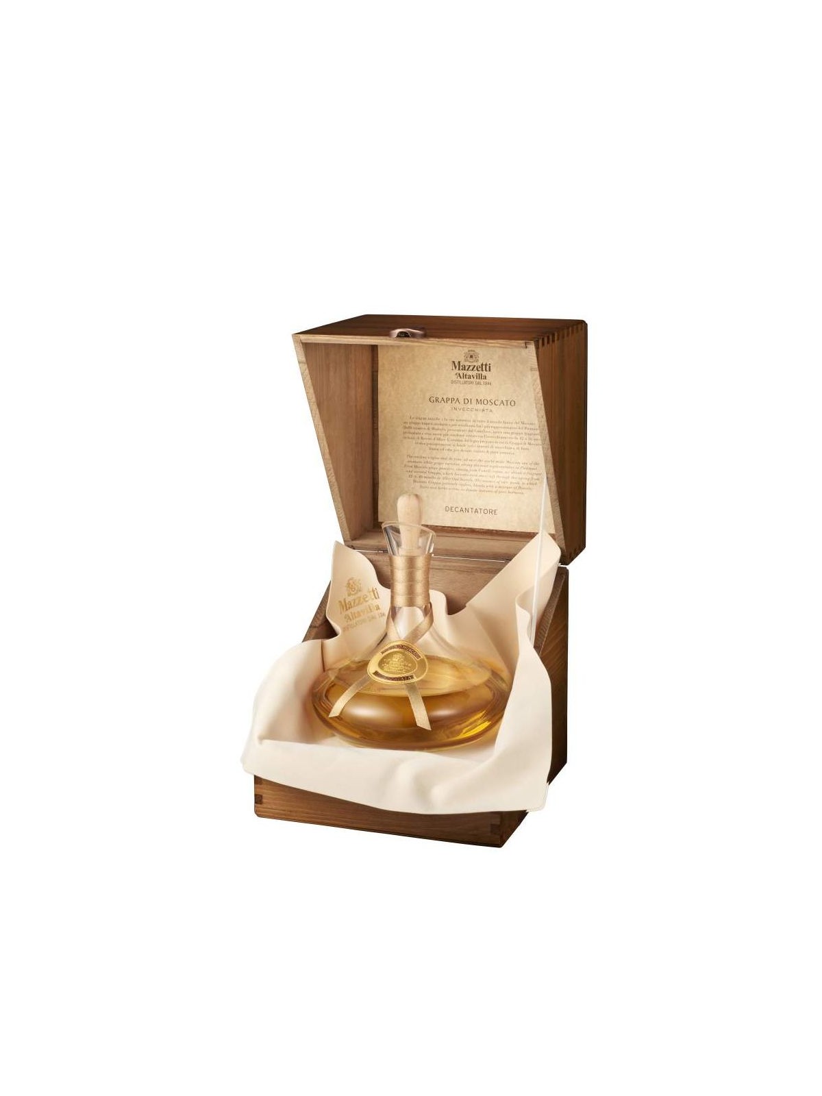 DECANTER CON  GRAPPA DI MOSCATO INVECCHIATA IN CASSETTA DI LEGNO  - MAZZETTI D'ALTAVILLA