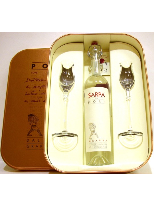 KIT COFANETTO IN RAME  N1 BOTTIGLIA DI GRAPPA SARPA DI POLI E N.2 BICCHIERI
