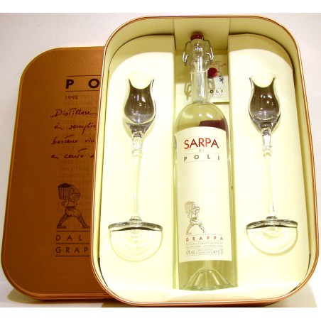 KIT COFANETTO IN RAME  N1 BOTTIGLIA DI GRAPPA SARPA DI POLI E N.2 BICCHIERI