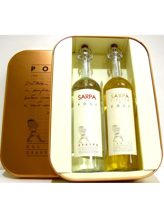 KIT COFANETTO IN RAME CON 2 BOTTIGLIE DI GRAPPA SARPA DI POLI