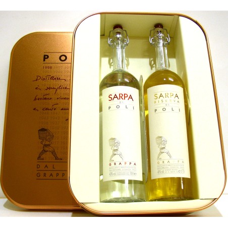KIT COFANETTO IN RAME CON 2 BOTTIGLIE DI GRAPPA SARPA DI POLI