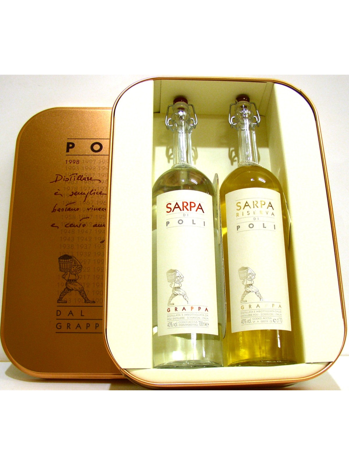 KIT COFANETTO IN RAME CON 2 BOTTIGLIE DI GRAPPA SARPA DI POLI