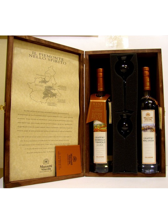 KIT COLLEZIONE MONFERRATO DI GRAPPE ASSORTITE CON N.2 CALICI - MAZZETTI D'ALTAVILLA