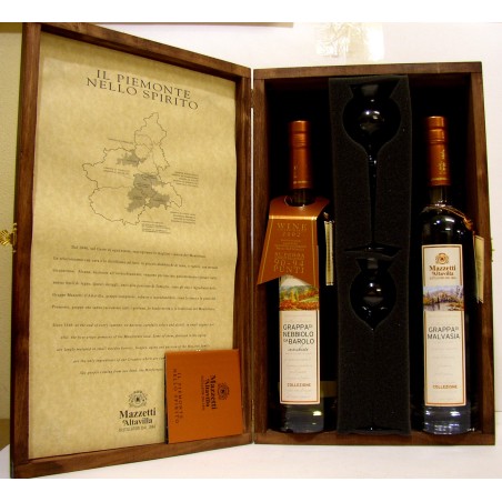 KIT COLLEZIONE MONFERRATO DI GRAPPE ASSORTITE CON N.2 CALICI - MAZZETTI D'ALTAVILLA