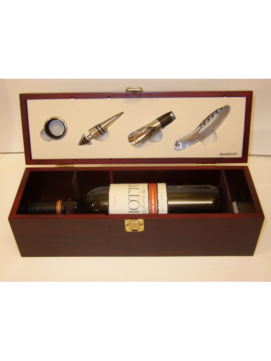 KIT PER SOMMELIER IN CASSA LEGNO 4 OGGETTI E ALLOGGIAMENTO PER UNA BOTTIGLIA
