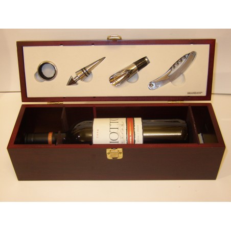 KIT PER SOMMELIER IN CASSA LEGNO 4 OGGETTI E ALLOGGIAMENTO PER UNA BOTTIGLIA