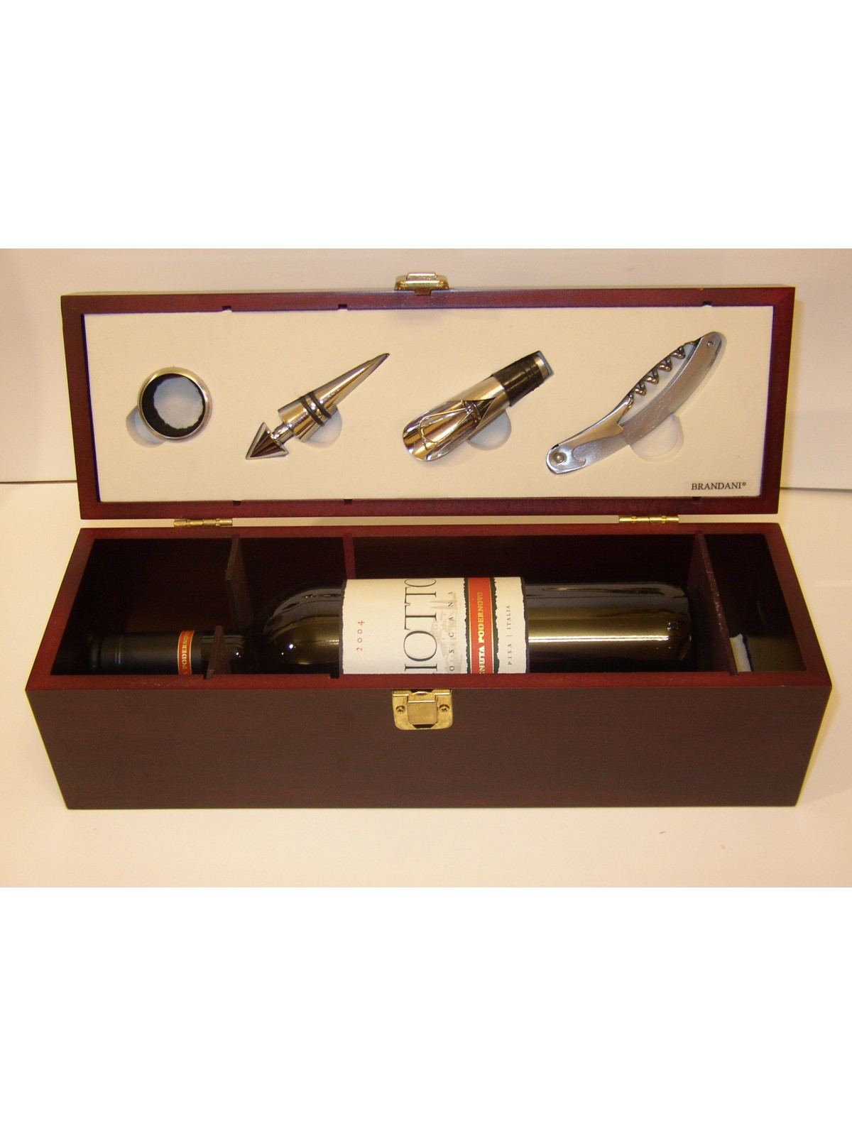 KIT PER SOMMELIER IN CASSA LEGNO 4 OGGETTI E ALLOGGIAMENTO PER UNA BOTTIGLIA