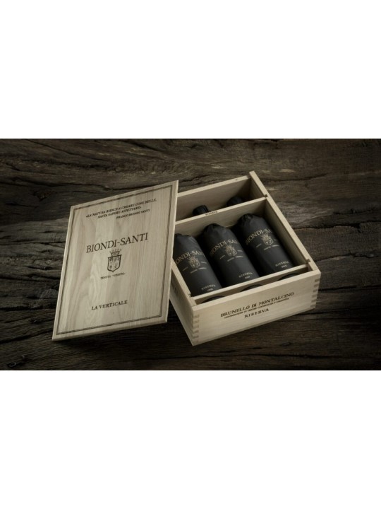 LA VERTICALE BRUNELLO DI MONTALCINO BIONDI SANTI RISERVA 1998,2008 , 2016, 3 BOTTIGLIE IN CASSA LEGNO PREGIATO