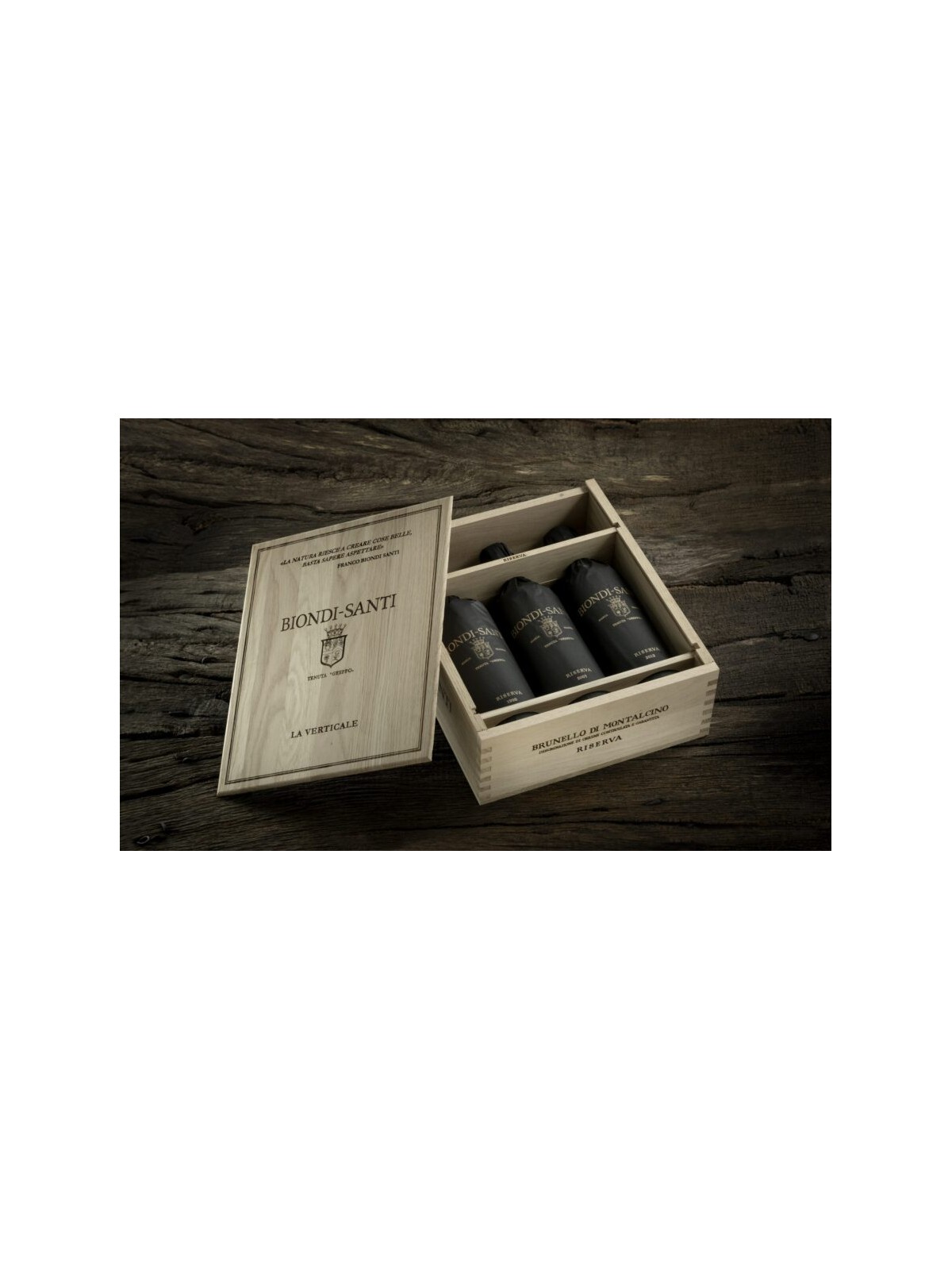 LA VERTICALE BRUNELLO DI MONTALCINO BIONDI SANTI RISERVA 1998,2008 , 2016, 3 BOTTIGLIE IN CASSA LEGNO PREGIATO
