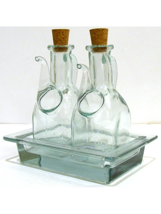 SET AMPOLLE TOSCANA CON VASSOIO IN VETRO RUSTICHE PER OLIO E ACETO