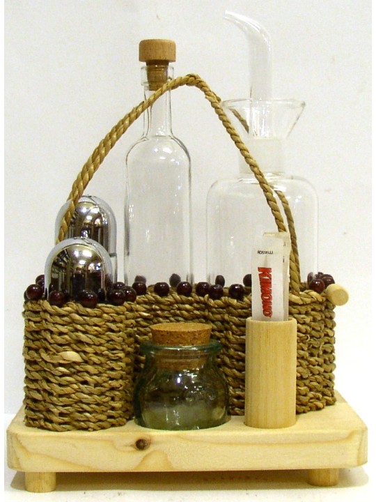 SET PER OLIO, ACETO SALE PEPE E PORTA STUZZICADENTI  E PICCOLO ORCIO PER SPEZIE CON CESTINO IMPAGLIATO A MANO E SUPPORTO IN LEG
