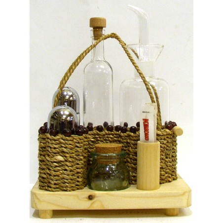SET PER OLIO, ACETO SALE PEPE E PORTA STUZZICADENTI  E PICCOLO ORCIO PER SPEZIE CON CESTINO IMPAGLIATO A MANO E SUPPORTO IN LEG