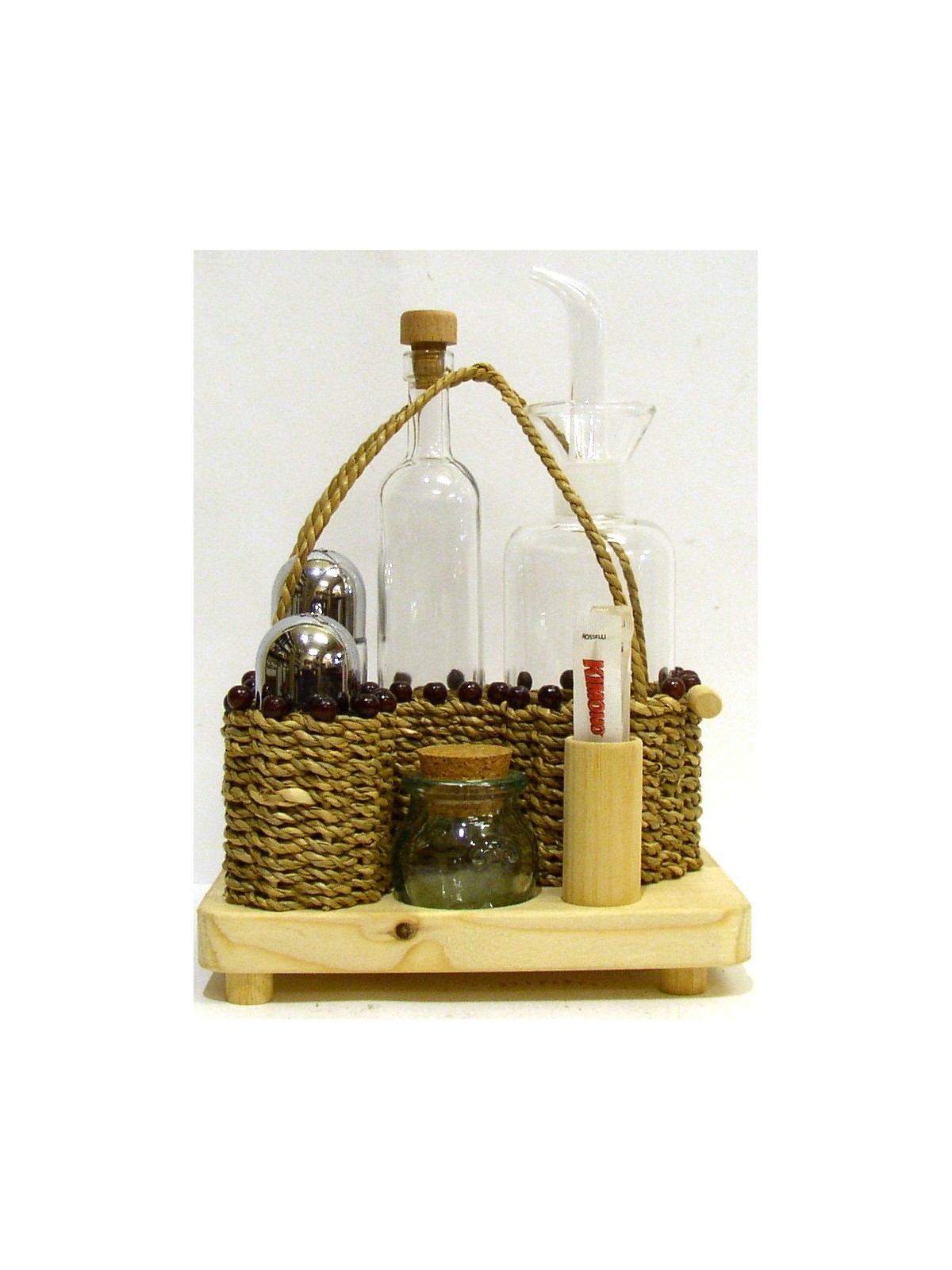 SET PER OLIO, ACETO SALE PEPE E PORTA STUZZICADENTI  E PICCOLO ORCIO PER SPEZIE CON CESTINO IMPAGLIATO A MANO E SUPPORTO IN LEG