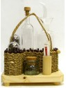 SET PER OLIO, ACETO SALE PEPE E PORTA STUZZICADENTI  E PICCOLO ORCIO PER SPEZIE CON CESTINO IMPAGLIATO A MANO E SUPPORTO IN LEG