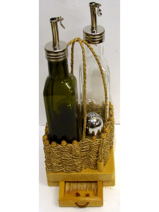 SET PER OLIO, ACETO SALE PEPE E PORTA STUZZICADENTI CON CESTINO IMPAGLIATO A MANO E SUPPORTO IN LEGNO NATURALE