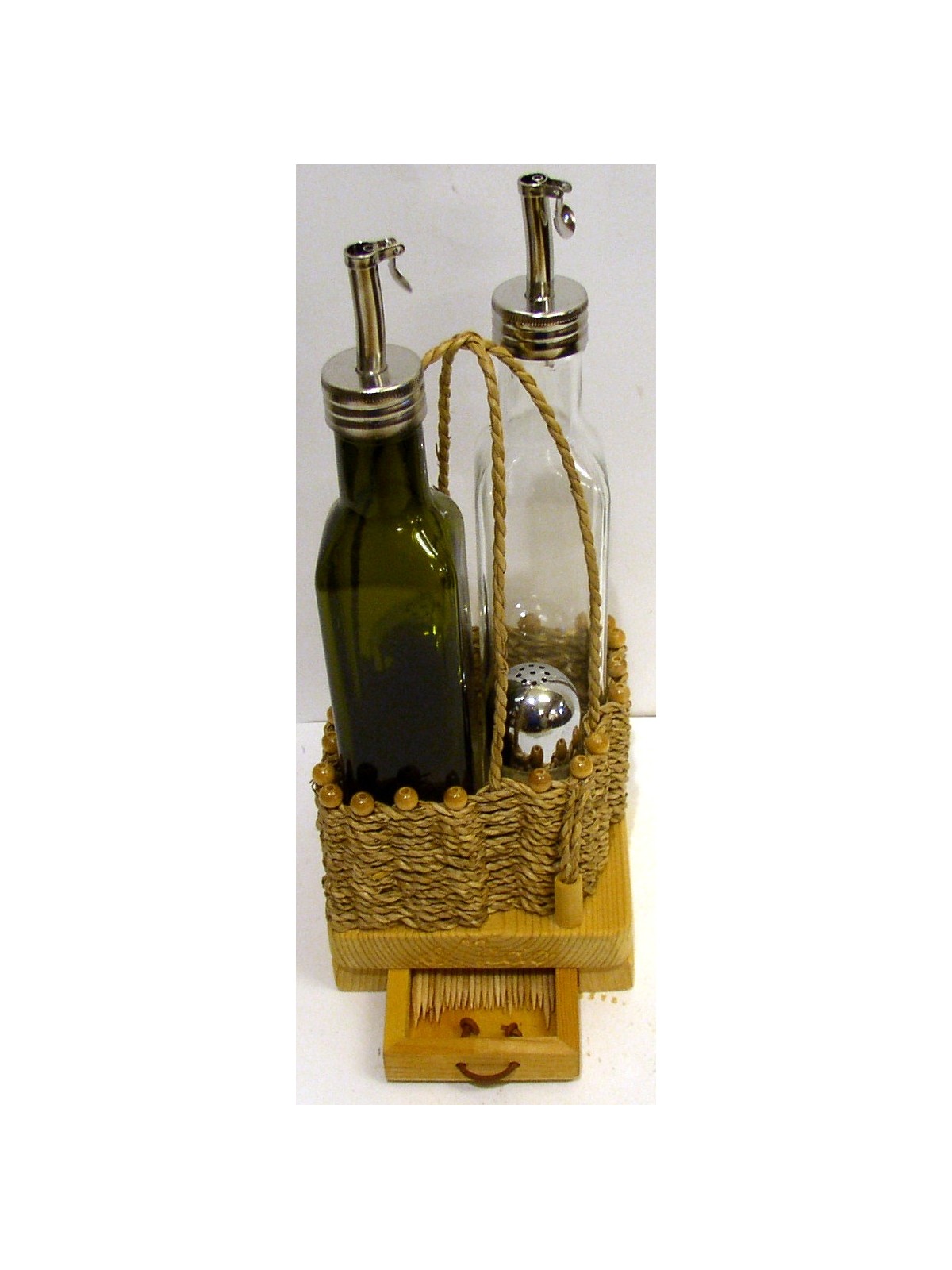 SET PER OLIO, ACETO SALE PEPE E PORTA STUZZICADENTI CON CESTINO IMPAGLIATO A MANO E SUPPORTO IN LEGNO NATURALE