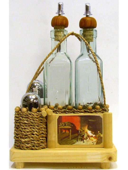 SET PER OLIO, ACETO SALE PEPE E PORTA STUZZICADENTI CON CESTINO IMPAGLIATO A MANO E SUPPORTO IN LEGNO NATURALE