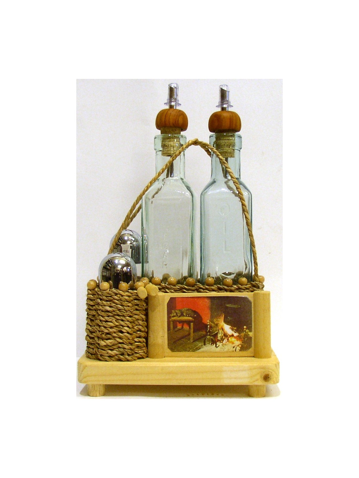 SET PER OLIO, ACETO SALE PEPE E PORTA STUZZICADENTI CON CESTINO IMPAGLIATO A MANO E SUPPORTO IN LEGNO NATURALE