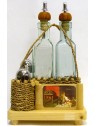 SET PER OLIO, ACETO SALE PEPE E PORTA STUZZICADENTI CON CESTINO IMPAGLIATO A MANO E SUPPORTO IN LEGNO NATURALE