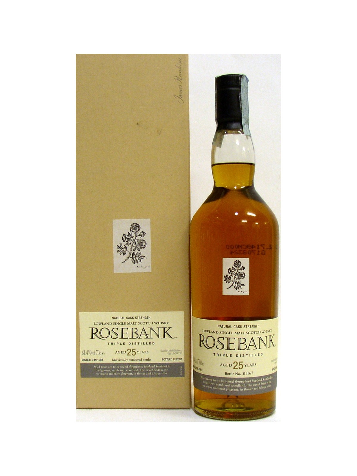 LOWLAND SINGLE MALT SCOTCH WHISKY ROSEBANK NATURAL CASK STRENGTH 1981- 2007 25 Y.O.