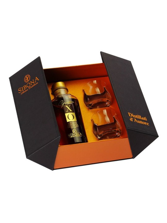 CONFEZIONE REGALO "ESPOSIZIONE" CON GRAPPA XO INVECCHIATA 6 ANNI + 2 BICCHIERI ISIDE DA MEDITAZIONE - DISTILLERIA SIBONA