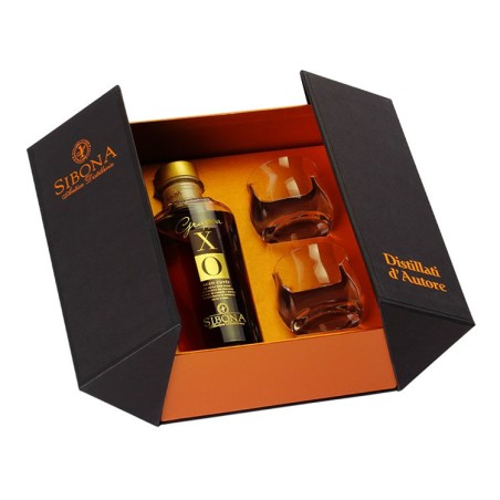 CONFEZIONE REGALO "ESPOSIZIONE" CON GRAPPA XO INVECCHIATA 6 ANNI + 2 BICCHIERI ISIDE DA MEDITAZIONE - DISTILLERIA SIBONA