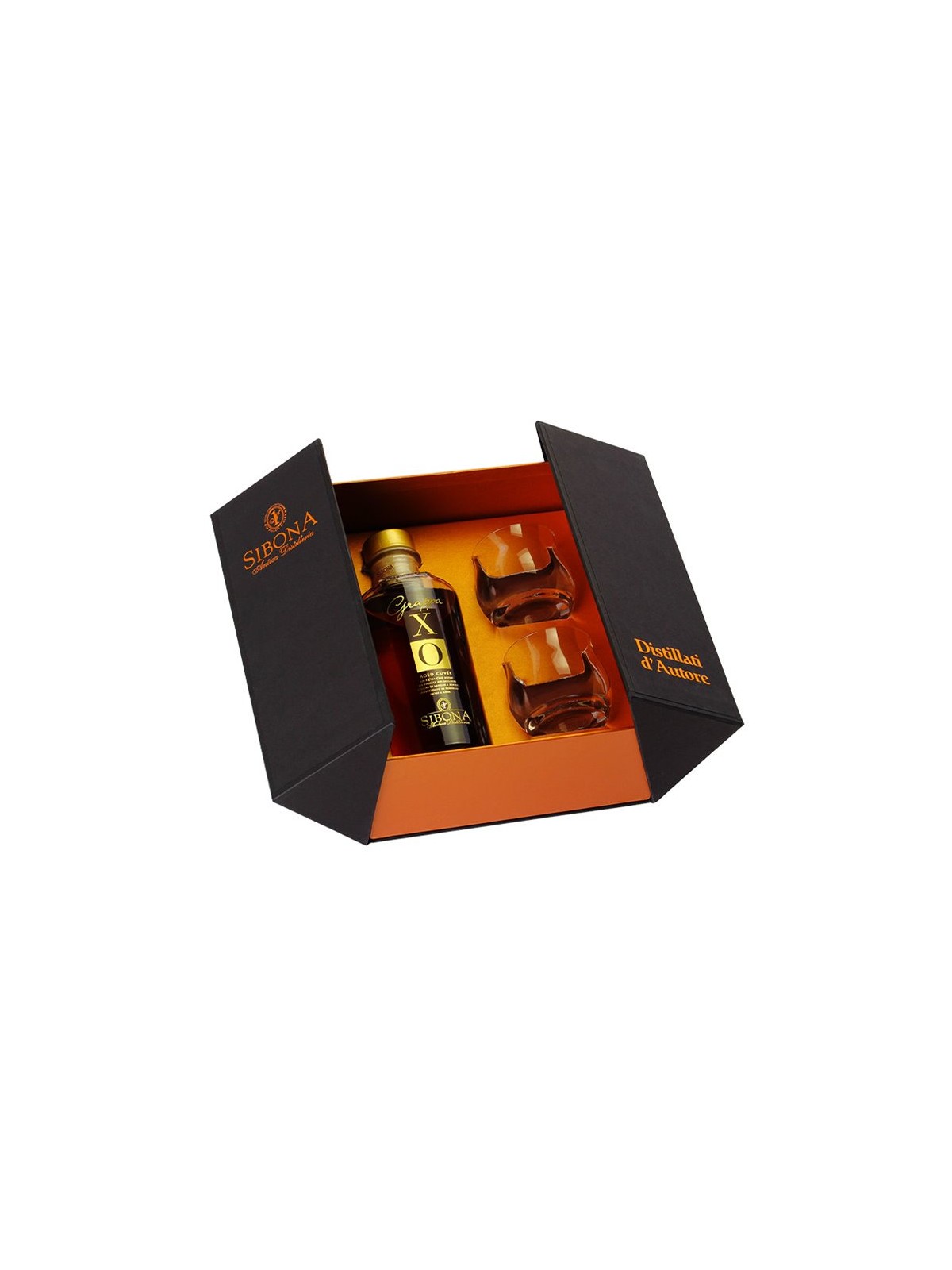CONFEZIONE REGALO "ESPOSIZIONE" CON GRAPPA XO INVECCHIATA 6 ANNI + 2 BICCHIERI ISIDE DA MEDITAZIONE - DISTILLERIA SIBONA